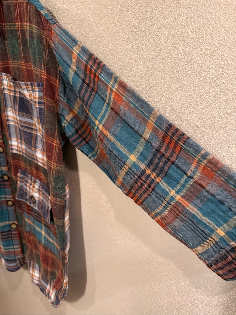 Angie Patchwork Plaid Button-Down Shirt Jacket - Teal & Brown & Cream - Picture 8 of 9